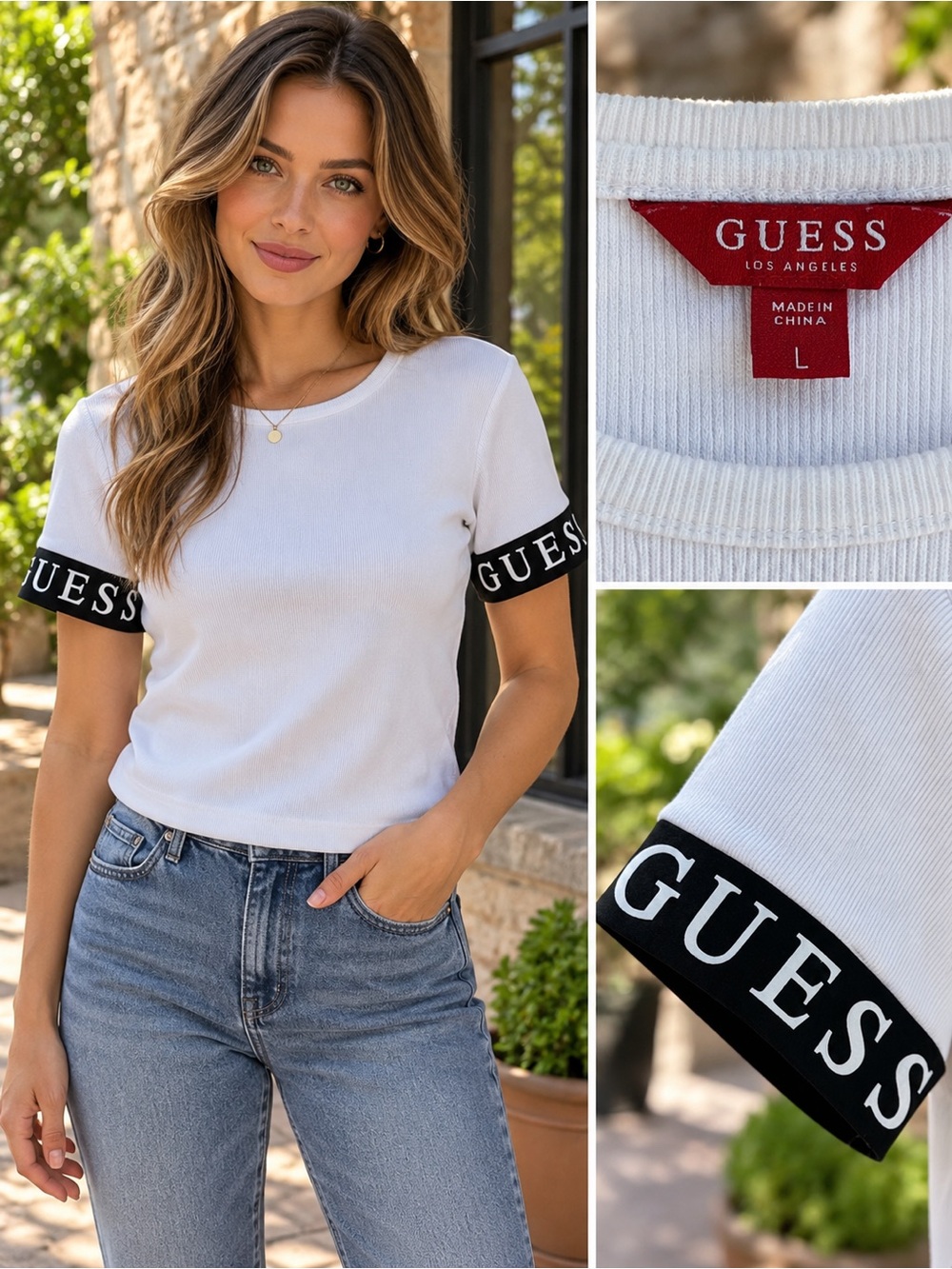 Guess White Short Sleeve Tee with Black Logo Sleeve Bands